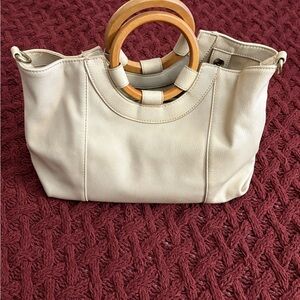 Anthropologie Cream Tote with Wooden Handles